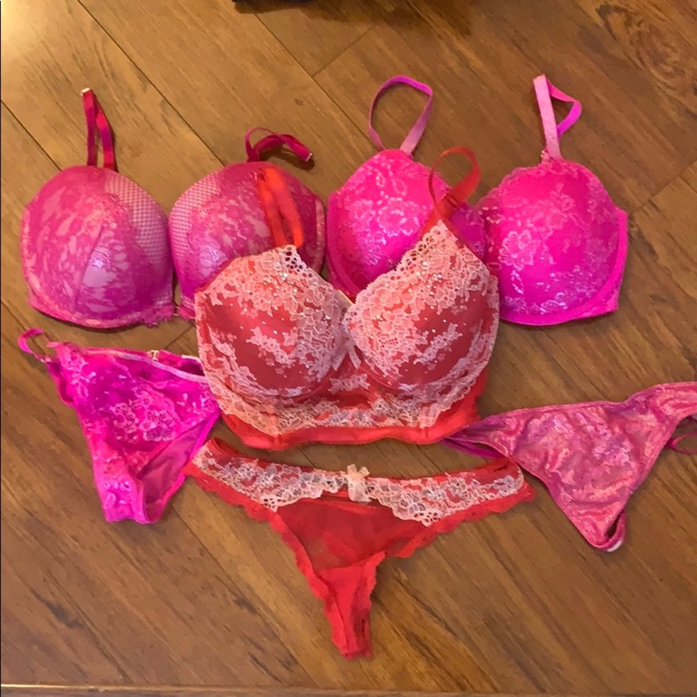 Hot pink and red 3 VS 32DD bra S pantie set used
